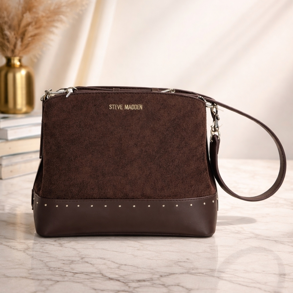 Steve Madden BNAIKA Chocolate Hobo Bag NWT Brown Shoulder Purse Studded 8.5 In H